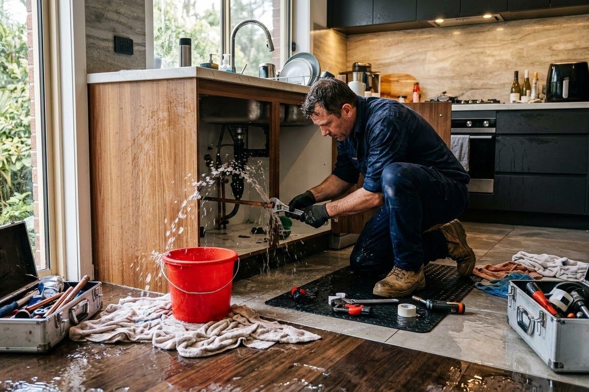image of a hydro plumber fixing a leaked piping on a kitchen in sydney